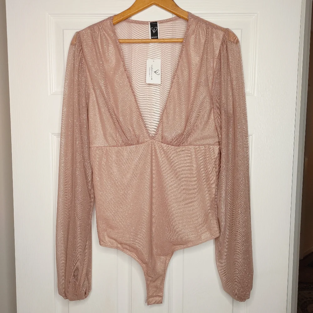 WINDSOR Shimmer Babe Bubble Sleeve Bodysuit, Tan (looks more Blush pink) L - Picture 1 of 8